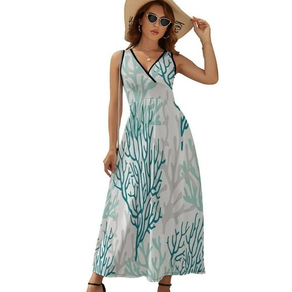 Summer Ocean Ombre Blue Coral Womens Night Club Maxi Dress V Neck Sleeveless Bohemia Long Dresses