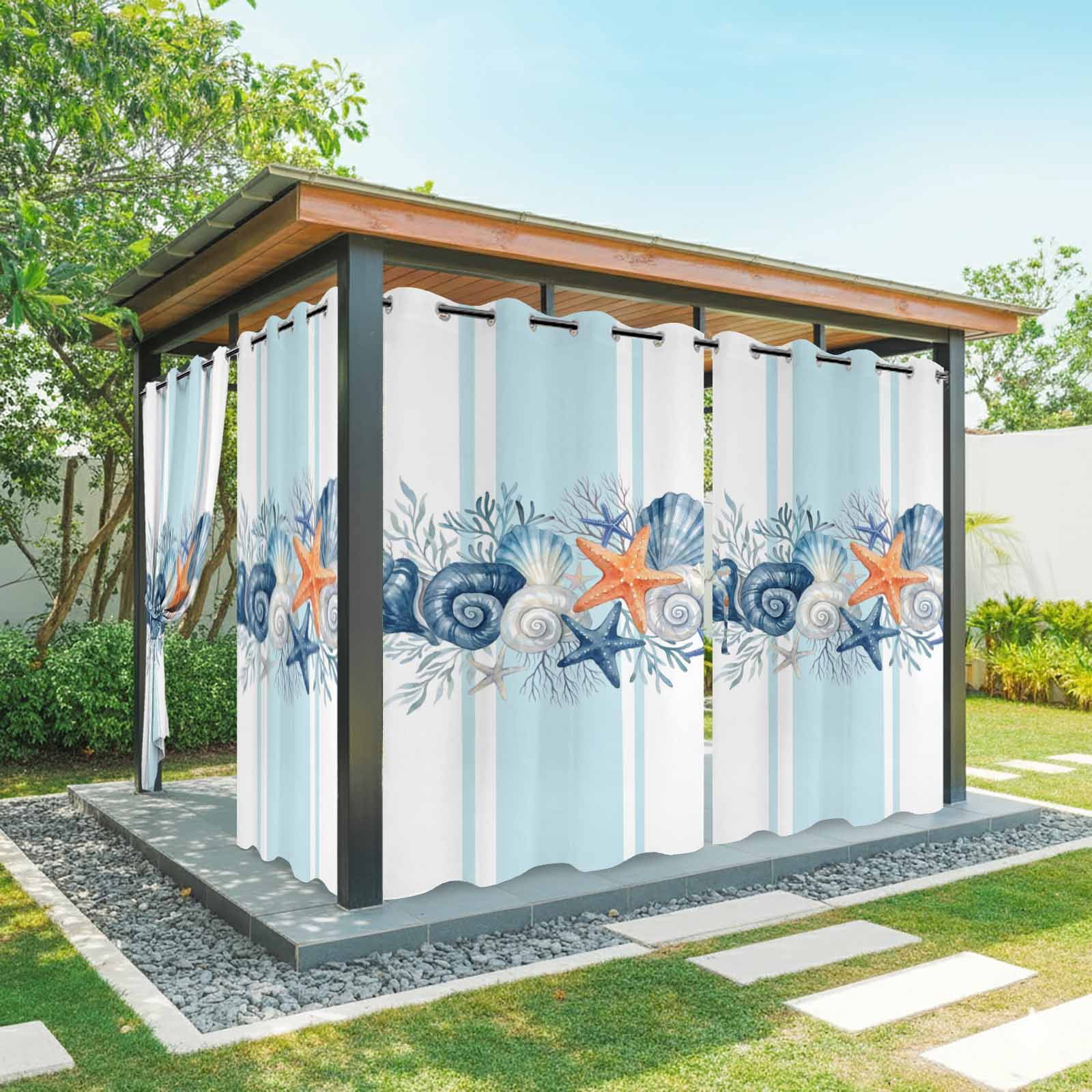 Summer Ocean Outdoor Curtains for Patio, Coastal Starfish Conch Shell Seaweed Blue Stripe Sunshade Privacy Drapes Grommet Waterproof Outside Curtains for Porch/Cabana/Balcony 54"x 108", 1 Panel