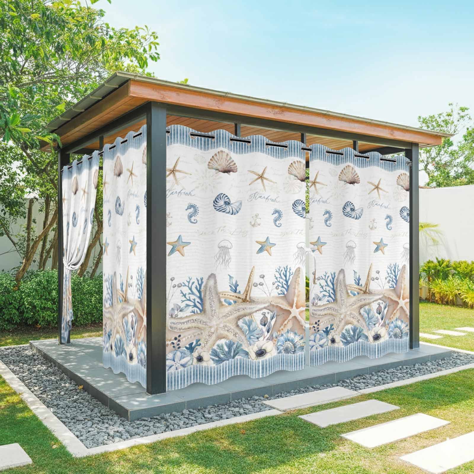 Summer Ocean Outdoor Curtains for Patio, Nautical Sea Starfish Seashell Coral Seahorse Blue Stripe Sunshade Privacy Drapes Grommet Waterproof Outside Curtains for Porch Balcony 54"x108", 1 Panel