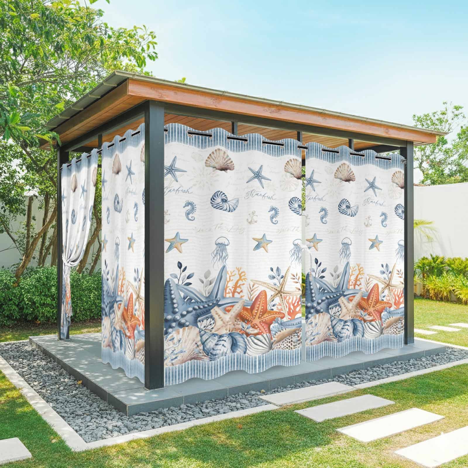Summer Ocean Outdoor Curtains for Patio, Nautical Sea Starfish Shell Coral Seahorse Blue Stripe Sunshade Privacy Drapes Grommet Waterproof Outside Curtains for Porch/Cabana/Balcony 54"x 108", 1 Panel