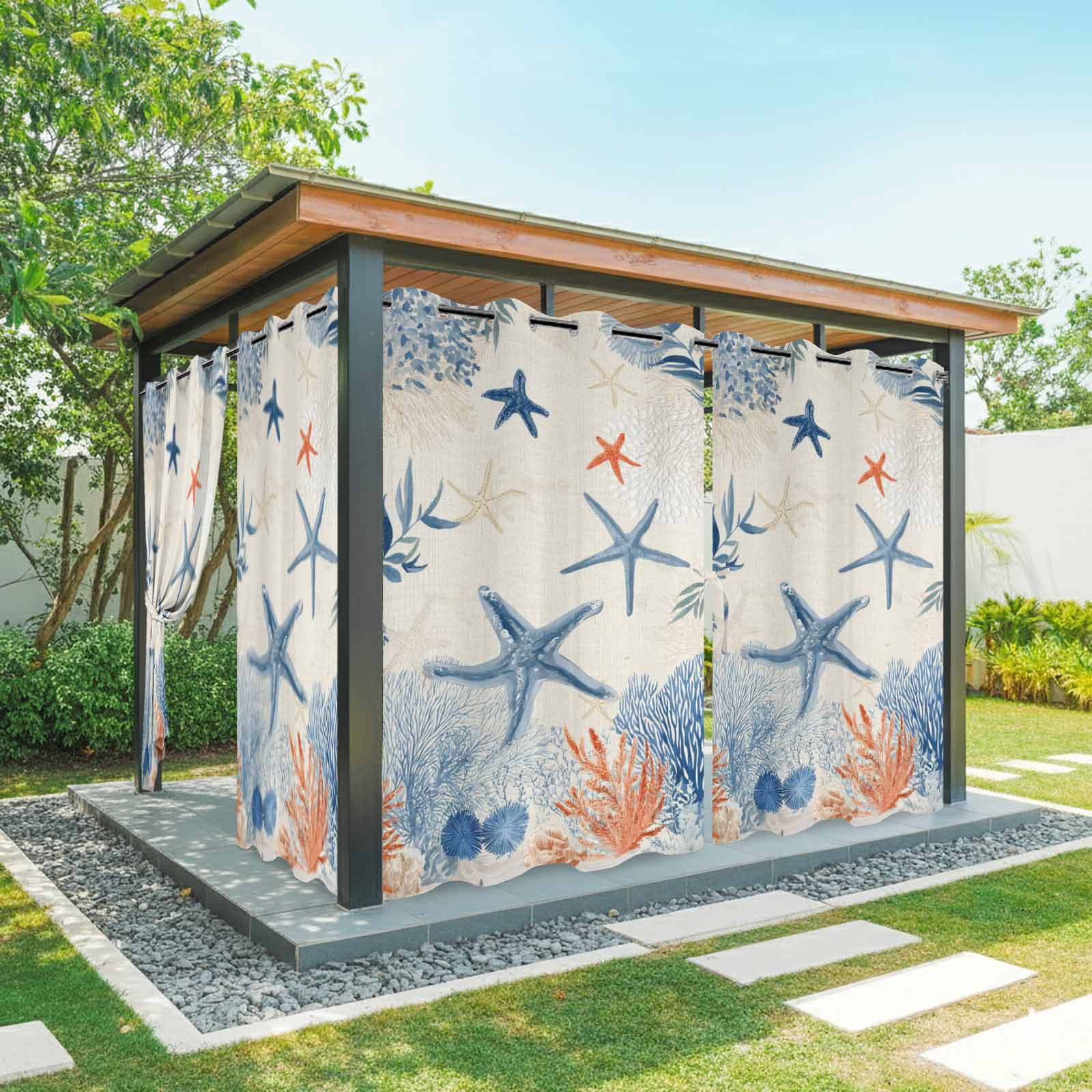 Summer Ocean Outdoor Curtains for Patio, Vintage Nautical Sea Orange Blue Starfish Corals Seashell Sunshade Privacy Drapes Grommet Waterproof Outside Curtains for Porch Balcony 54"x108", 1 Panel
