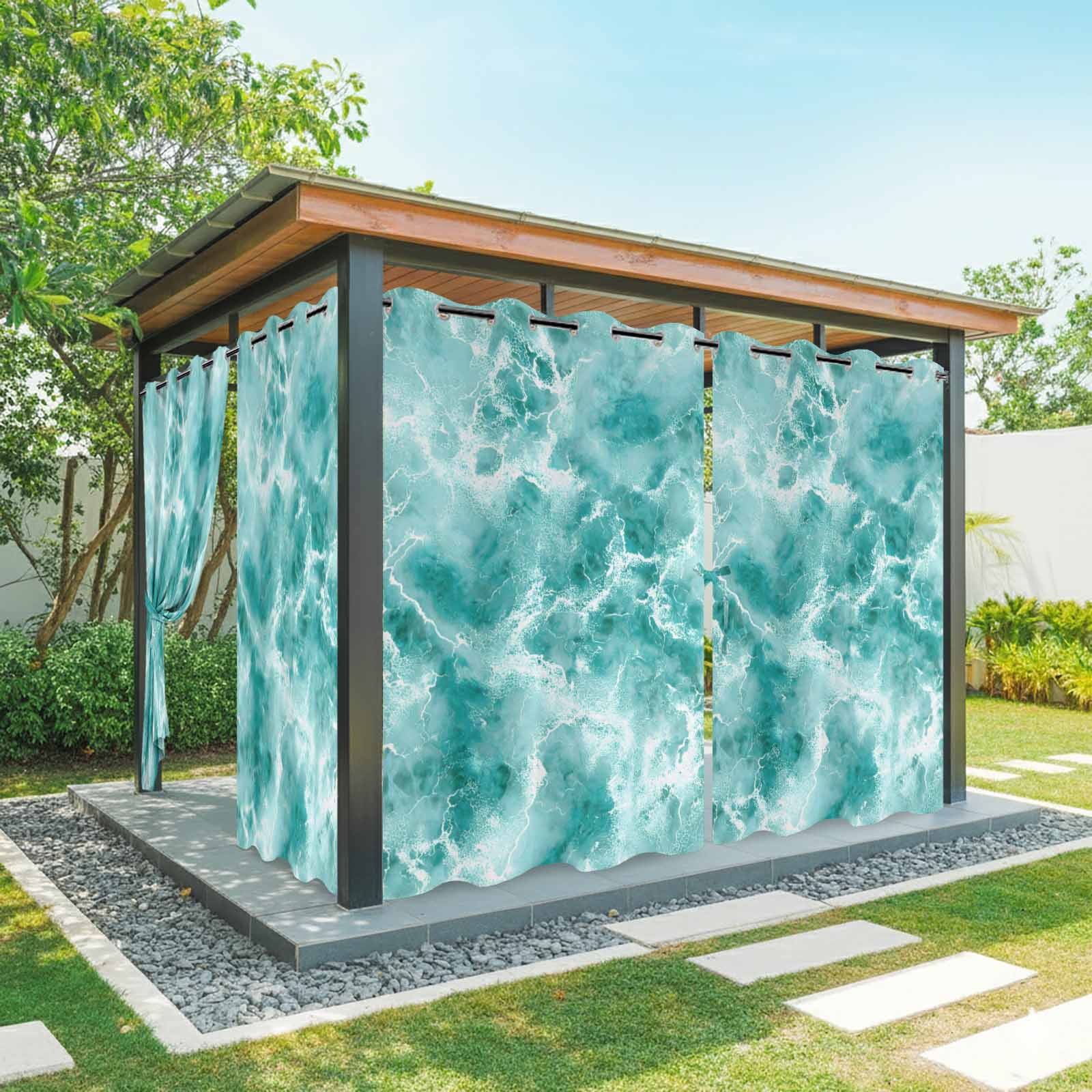 Summer Ocean Outdoor Curtains for Patio, Watercolor Gradient Color Water Ripple Wave Seascape Sunshade Privacy Drapes Grommet Waterproof Outside Curtains for Porch/Cabana/Balcony 54"x 108", 1 Panel