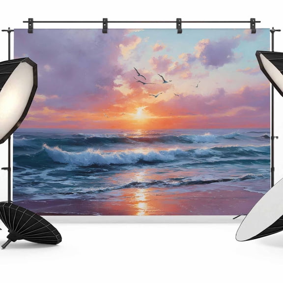 Summer Ocean Photography Backdrop 8x6FT, Oil Painting Sea Dreamy Sunset Beach Birds Photo Backdrops, Background for Photography Studio Photo Studio Background, Back Drop for Photoshoot