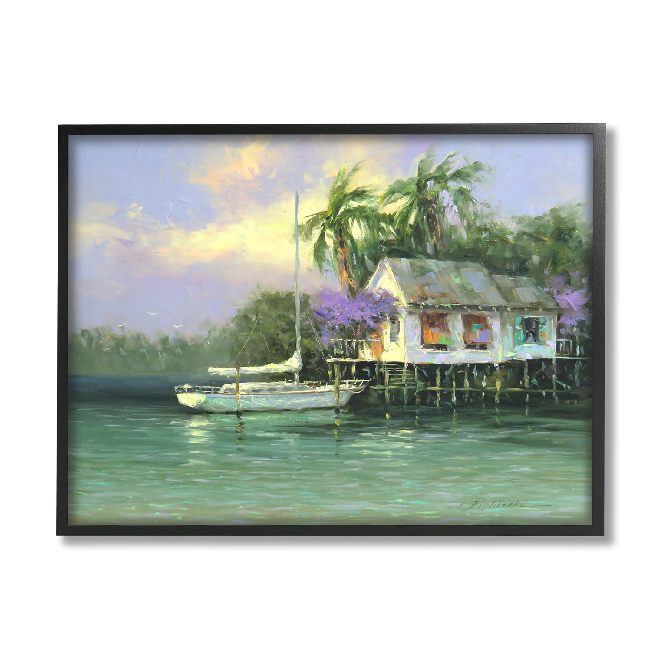 Summer Ocean Pier Palm Trees Landscape Painting Black Framed Art Print Wall Art