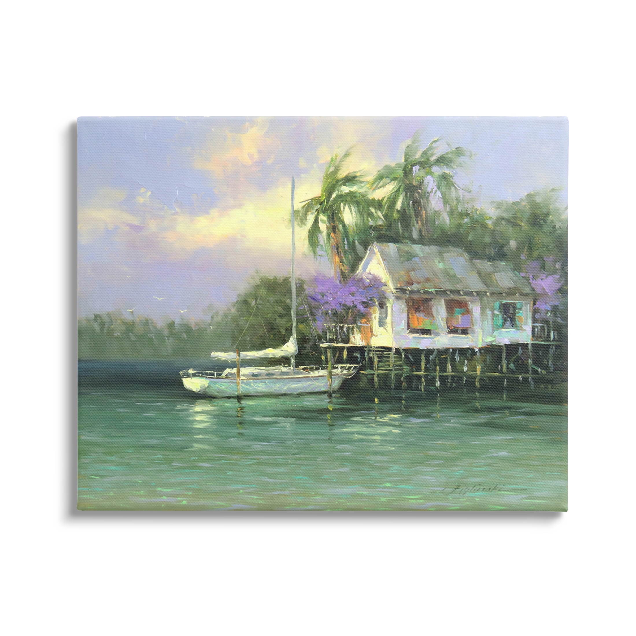 Summer Ocean Pier Palm Trees Landscape Painting Gallery Wrapped Canvas Print Wall Art