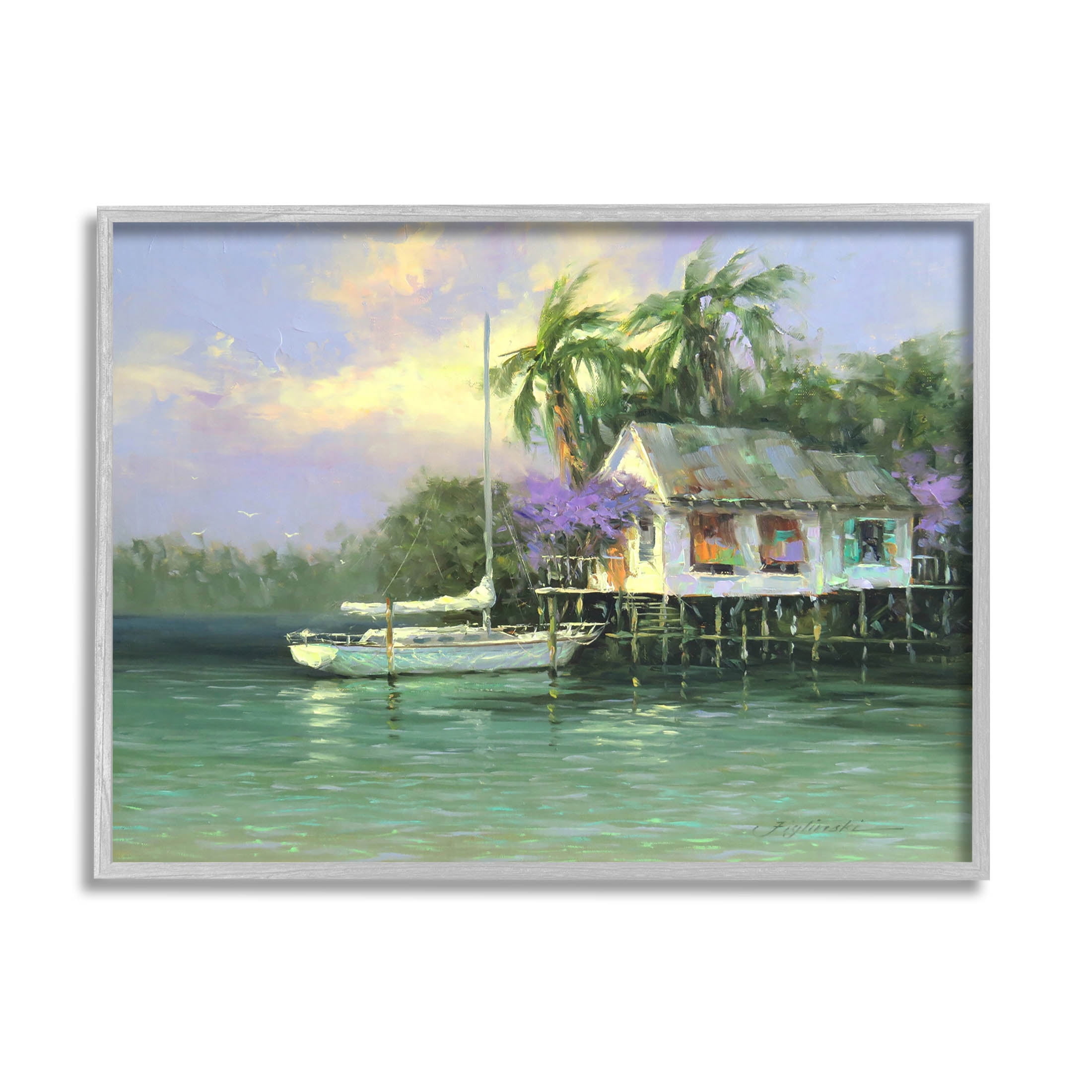 Summer Ocean Pier Palm Trees Landscape Painting Gray Framed Art Print Wall Art