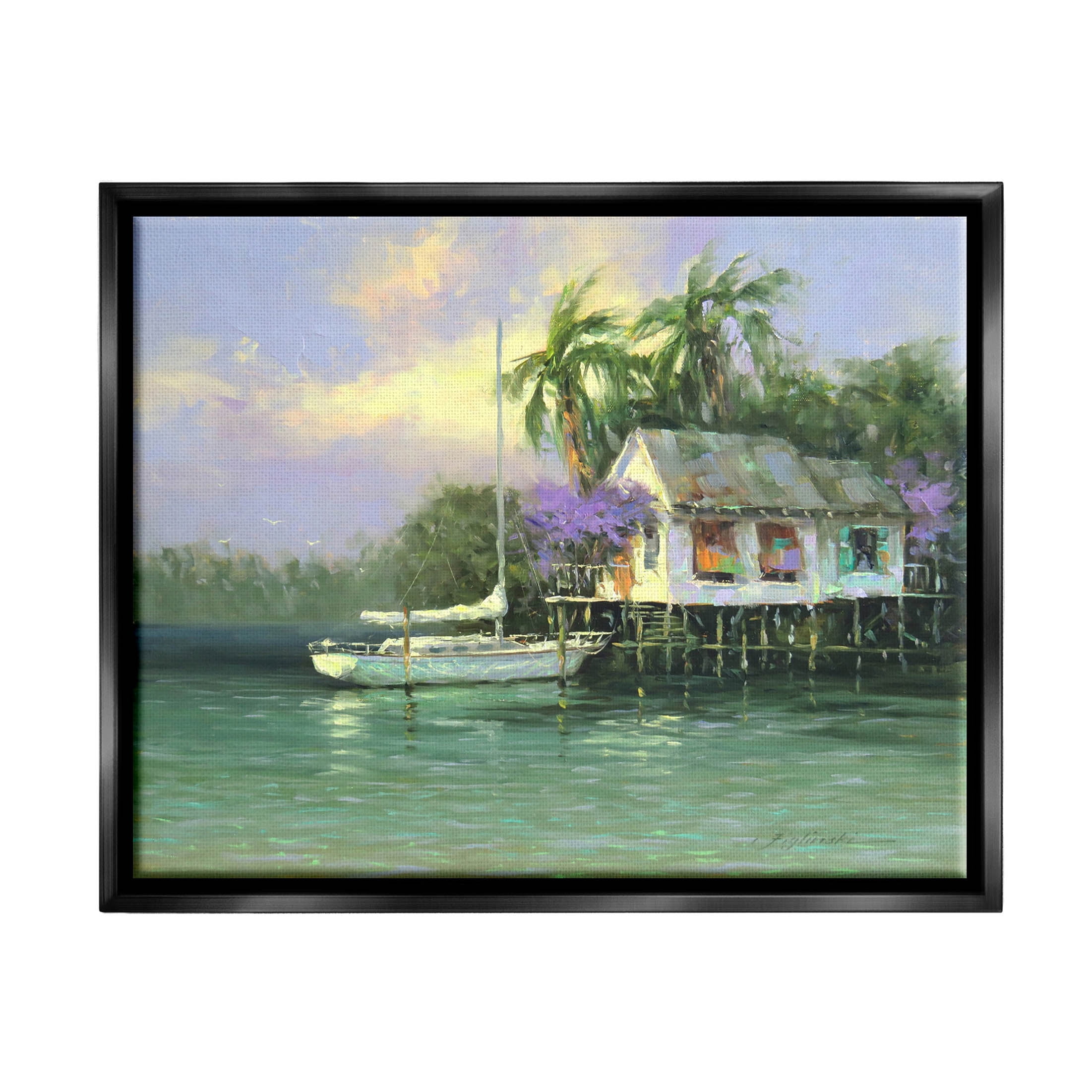Summer Ocean Pier Palm Trees Landscape Painting Jet Black Framed Art Print Wall Art