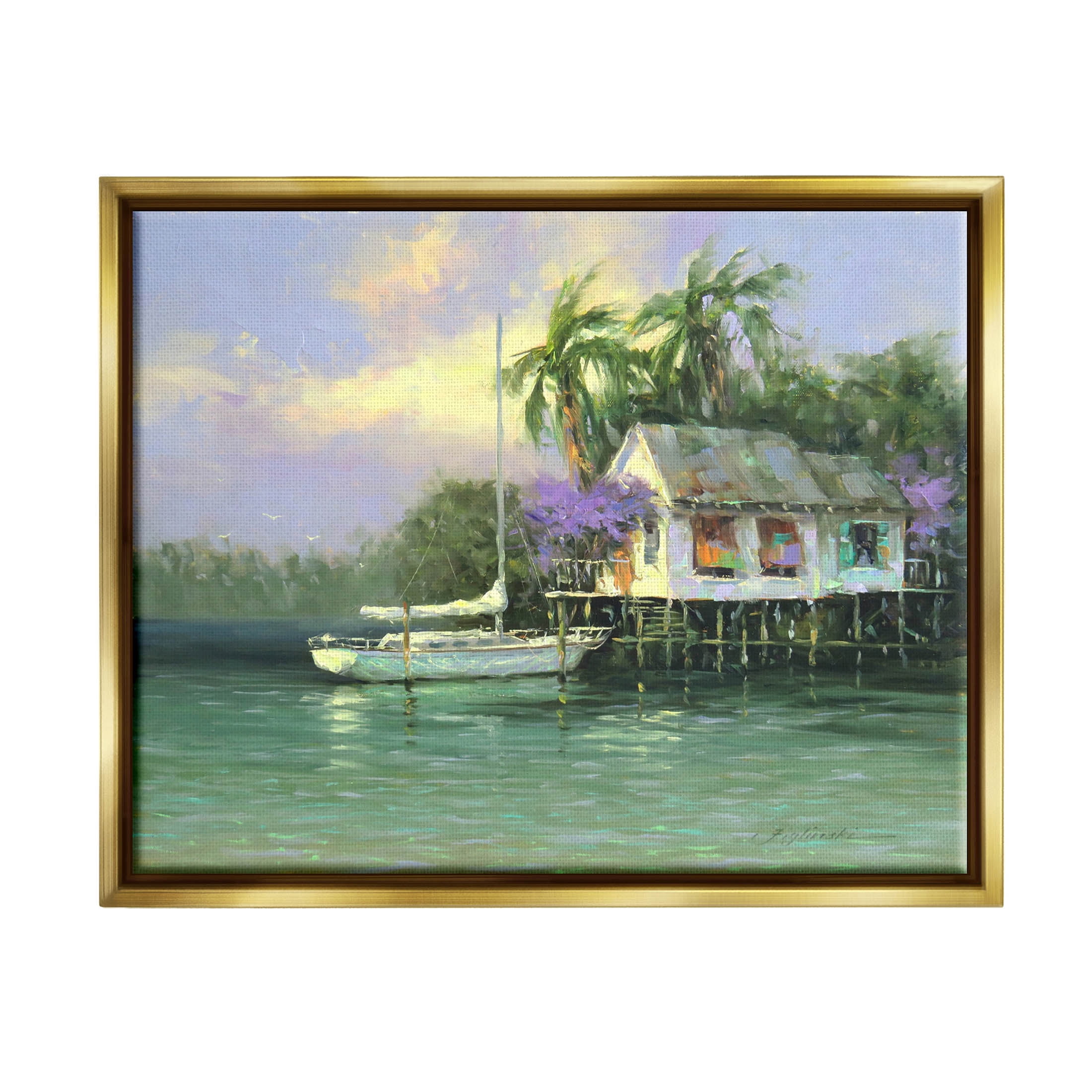 Summer Ocean Pier Palm Trees Landscape Painting Metallic Gold Framed Art Print Wall Art