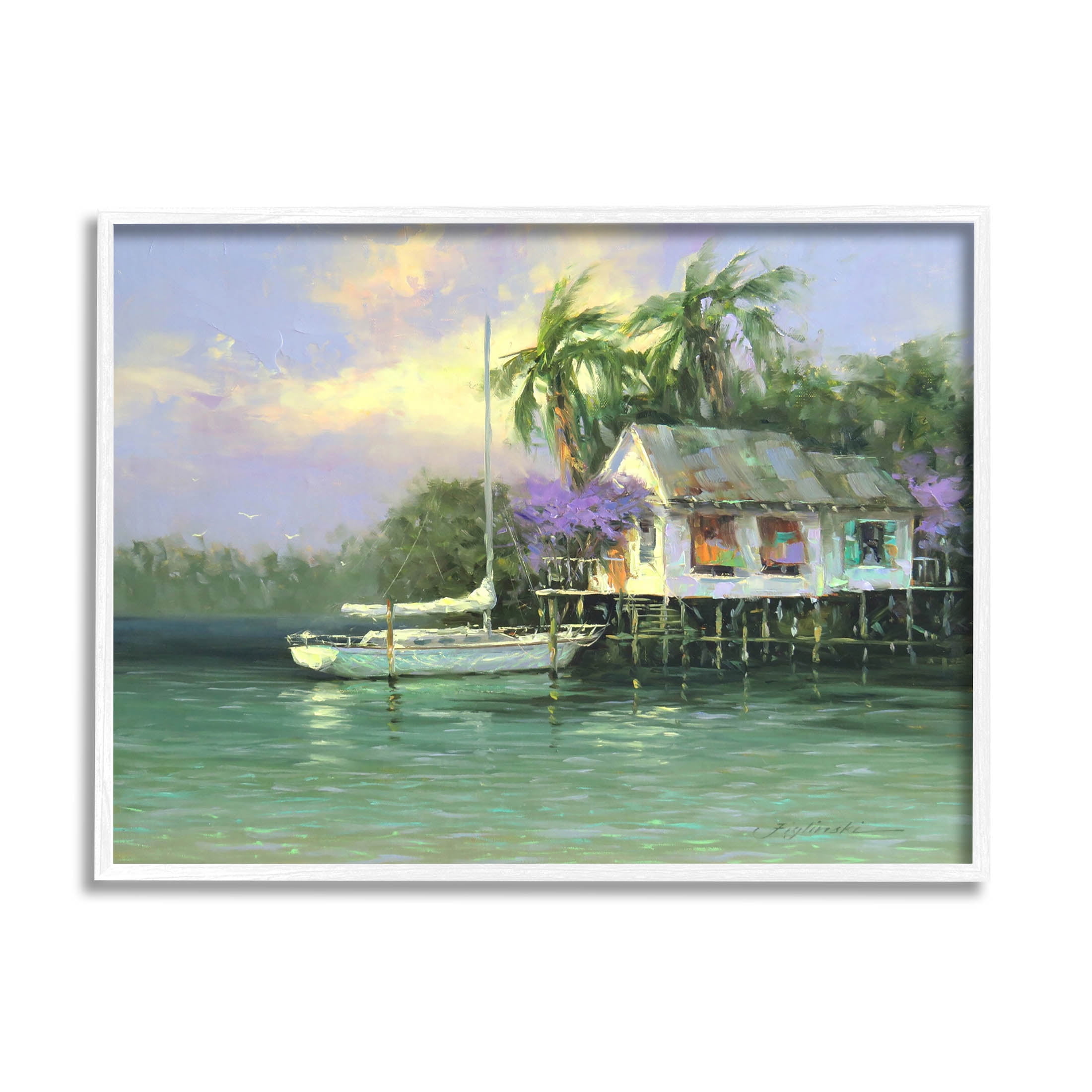 Summer Ocean Pier Palm Trees Landscape Painting White Framed Art Print Wall Art