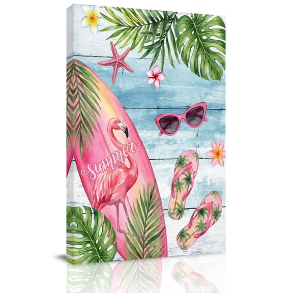 Summer Ocean Pink Surfboard Canvas Wall Art for Living Room, Beach Slippers Flower Palm Leaf Wood Grain Poster Print Painting for Bedroom Office Home Decoration Wall Pictures Prepare To Hang 12"x12"
