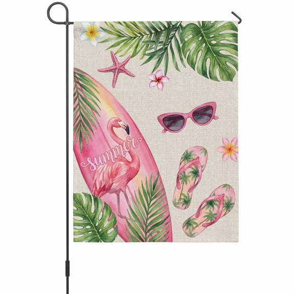 Summer Ocean Pink Surfboard Garden Flag 12 x 18 Inches, Beach Slippers Flower Palm Leaf Linen Weather Proof Outdoor Patio Flags Double Sided Small Garden Decoration for Yard Outside Home