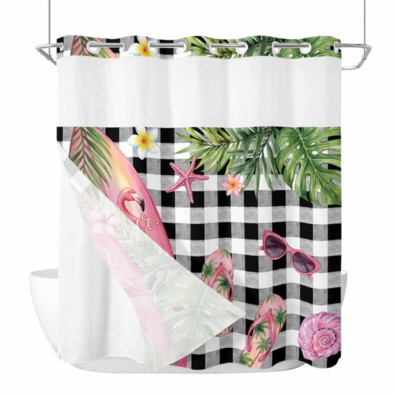 Summer Ocean Pink Surfboard No Hook Shower Curtain with Snap in Liner Beach Slippers Flower Palm Leaf Black Plaid Waterproof Bathroom Shower Curtain with See Through Top Window for Bathtub 72" x 72"