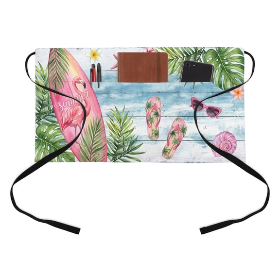 Summer Ocean Pink Surfboard Kitchen Restaurant Half Waist Apron, Beach Slippers Flower Palm Leaf Wood Grain Server Short Apron with 3 Pockets Waterproof Oil Waist Aprons for Women Waitress Waiter