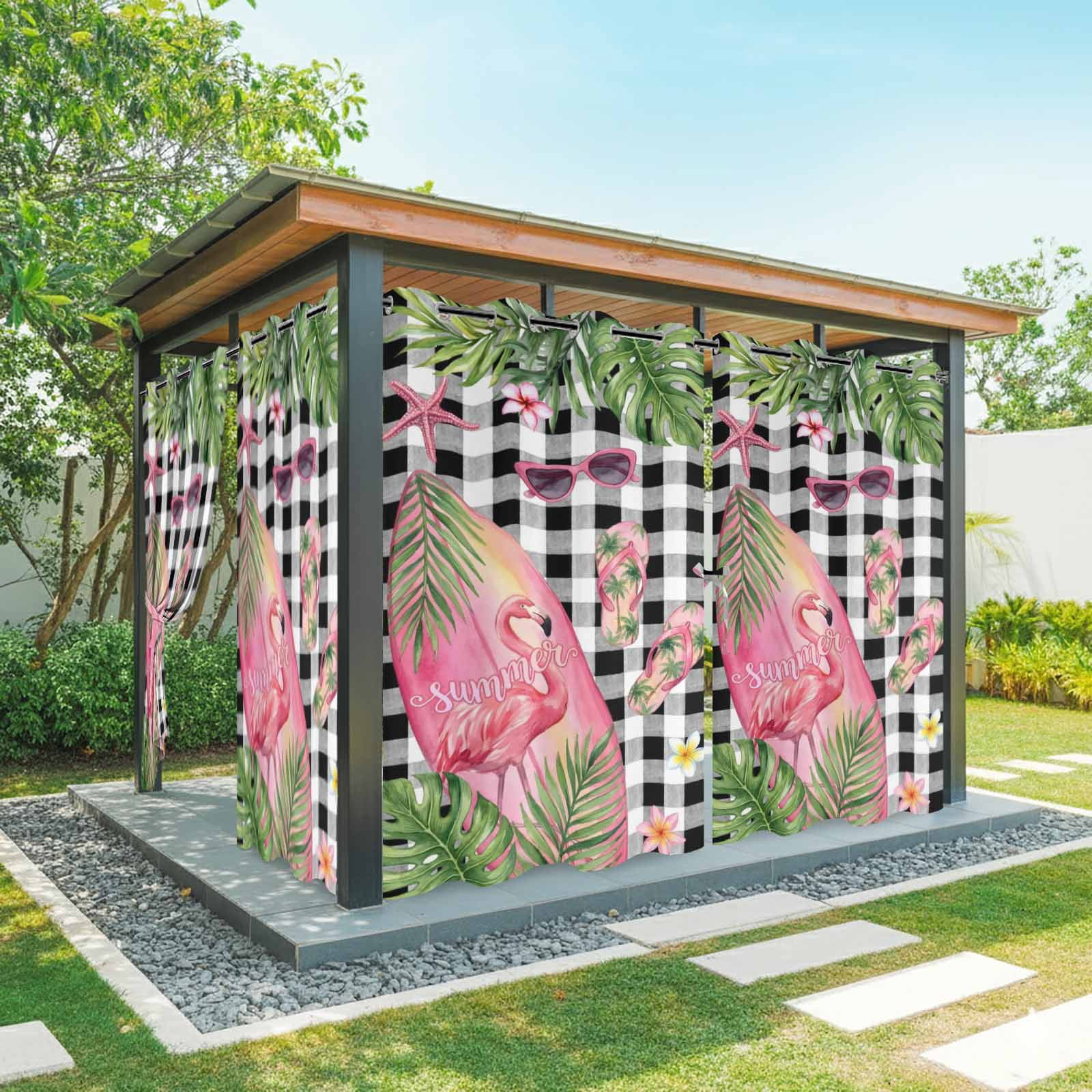 Summer Ocean Pink Surfboard Outdoor Curtains for Patio, Beach Slippers Flower Palm Leaf Black Plaid Sunshade Privacy Drapes Grommet Waterproof Outside Curtains for Porch Balcony 54"x108", 1 Panel