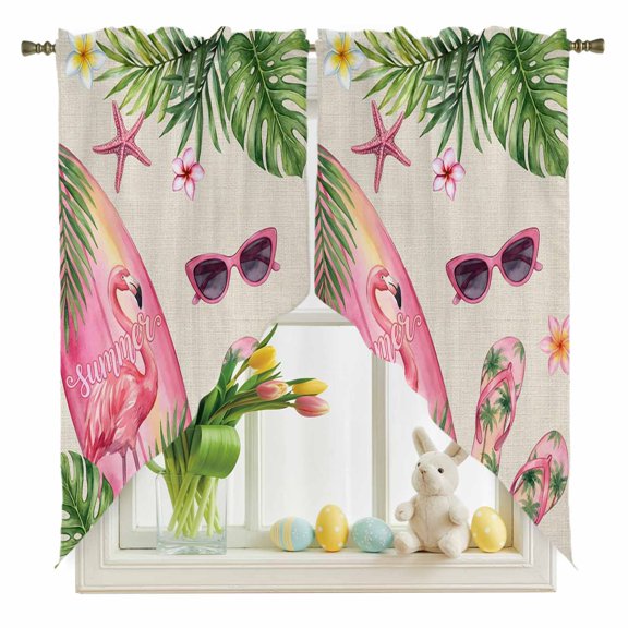 Summer Ocean Pink Surfboard Swag Kitchen Curtain Valances, Beach Slippers Flower Palm Leaf Linen Rod Pocket Curtains Window Treatment Decor Valances for Bedroom Bathroom, 2 Panels 36 x 63 Inch
