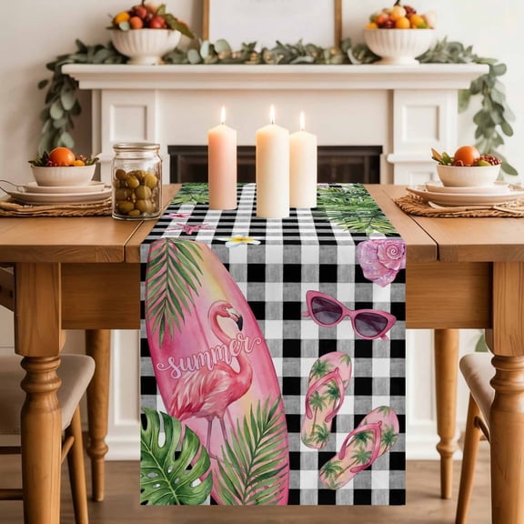 Summer Ocean Pink Surfboard Table Runner, Beach Slippers Flower Palm Leaf Black Plaid Cotton Linen Kitchen Table Decoration Washable Dining Tabletop Runners for Home Party Decor 13x36 Inches
