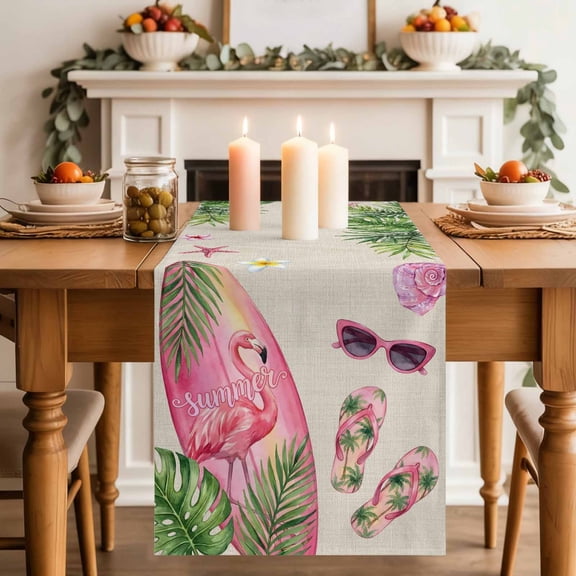 Summer Ocean Pink Surfboard Table Runner, Beach Slippers Flower Palm Leaf Linen Cotton Linen Kitchen Table Decoration Washable Dining Tabletop Runners for Home Party Decor 13x36 Inches