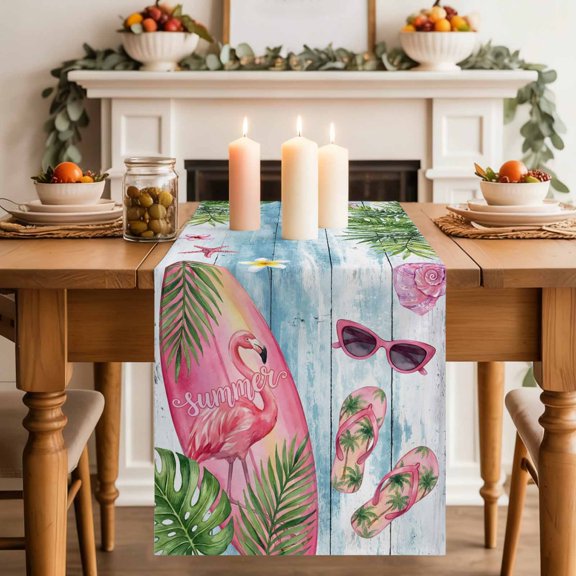 Summer Ocean Pink Surfboard Table Runner, Beach Slippers Flower Palm Leaf Wood Grain Cotton Linen Kitchen Table Decoration Washable Dining Tabletop Runners for Home Party Decor 13x48 Inches