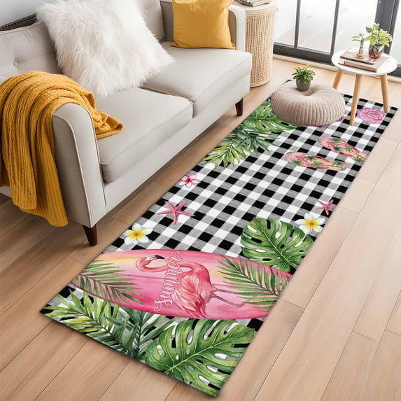 Summer Ocean Pink Surfboard Washable Runner Rugs 2'x6', Beach Slippers Flower Palm Leaf Black Plaid Low Pile Throw Entryway Rug Non-Slip Sturdy Edge Binding Carpet for Indoor Bedside Entrance Bedside