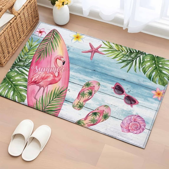 Summer Ocean Pink Surfboard Washable Small Entryway Area Rugs 2'x3', Beach Slippers Flower Palm Leaf Wood Grain Low Pile Throw Rug Non-Slip Sturdy Edge Binding Carpet for Front Door Floor Room Entry