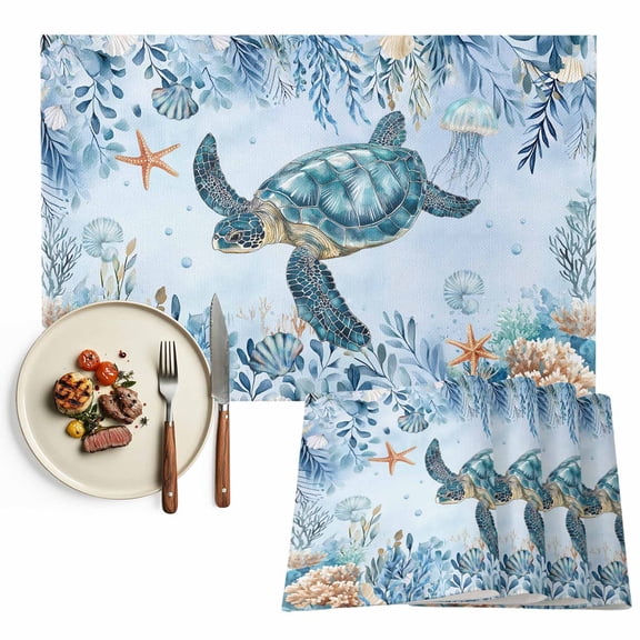 Summer Ocean Placemat of 1 PC, Coastal Sea Turtle Coral Table Mats Washable Heat-Resistant Non-Slip Place Mats for Kitchen Dinner Table Indoor Outdoor Decor,13x19 Inch Baby Blue