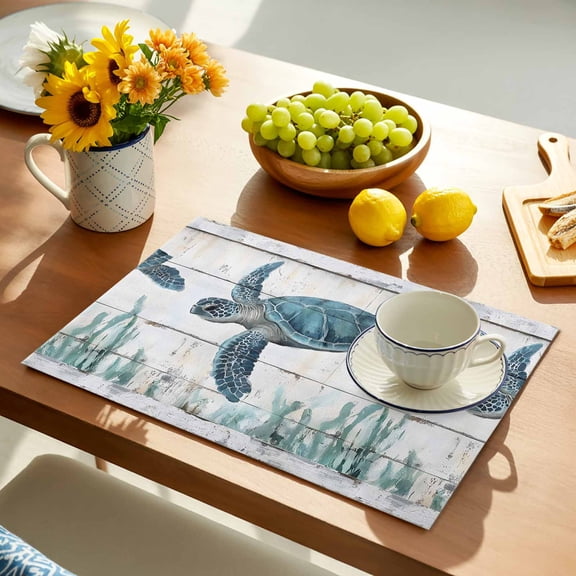 Summer Ocean Placemats Set of 1, Blue Turtle Seagrass Plank Texture Non-Slip Place Mats Washable Table Mats for Kitchen Dining Table Decorations Indoor/Outdoor