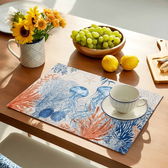 Summer Ocean Placemats Set of 1, Coastal Jellyfish Orange Corals Shells Retro Linen Non-Slip Place Mats Washable Table Mats for Kitchen Dining Table Decorations Indoor/Outdoor