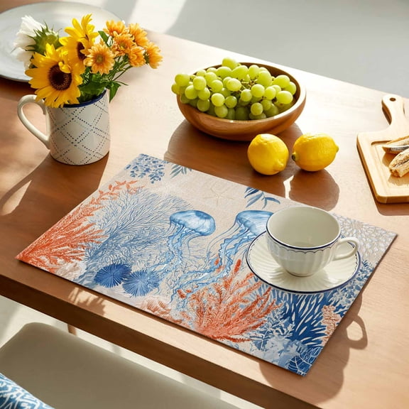 Summer Ocean Placemats Set of 1, Coastal Jellyfish Orange Corals Shells Rustic Non-Slip Place Mats Washable Table Mats for Kitchen Dining Table Decorations Indoor/Outdoor