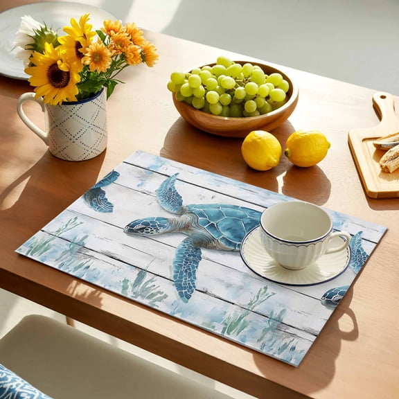 Summer Ocean Placemats Set of 1, Retro Turtle Seagrass Wood Texture Non-Slip Place Mats Washable Table Mats for Kitchen Dining Table Decorations Indoor/Outdoor