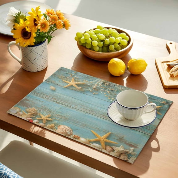 Summer Ocean Placemats Set of 1, Seaside Fishing Nets Starfish Shell Teal Wood Grain Non-Slip Place Mats Washable Table Mats for Kitchen Dining Table Decorations Indoor/Outdoor
