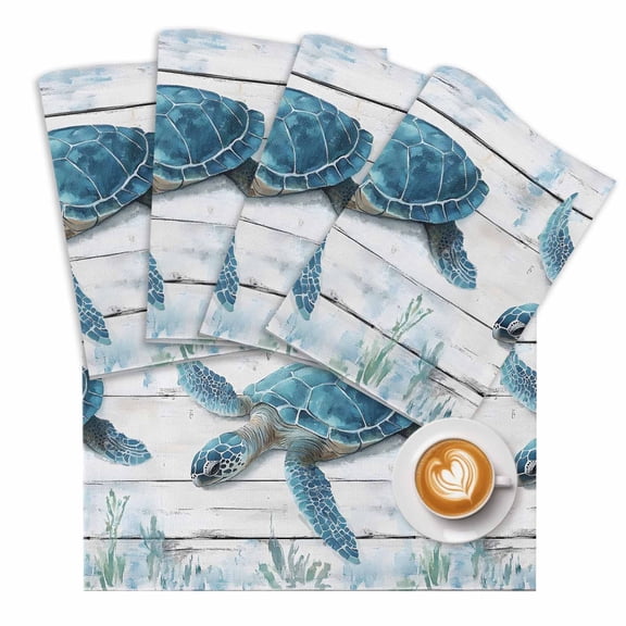 Summer Ocean Placemats Set of 1 Retro Turtle Seagrass Wood Texture Place Mats Washable Table Mats for Party Kitchen Dining Decoration, 13 X 19 Inch