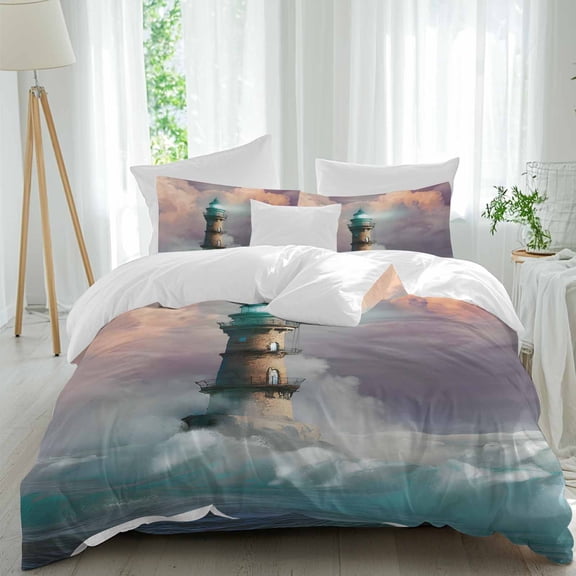 Summer Ocean Queen Size Comforter Set, Brown Bright Lighthouse Sea Wave White Spray Seascape Bedding for All Seasons, 4 Pcs Bed Set, 1Quiltcover (90"x92") ,1Sheet(94"x116"), 2Pillowcases (30"x20")