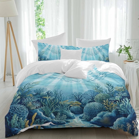 Summer Ocean Queen Size Comforter Set, Nautical Watercolor Sea Coral Seaweed Fish Marine Life Bedding for All Seasons, 4 Pcs Bed Set, 1Quiltcover (90"x92") ,1Sheet(94"x116"), 2Pillowcases (30"x20")