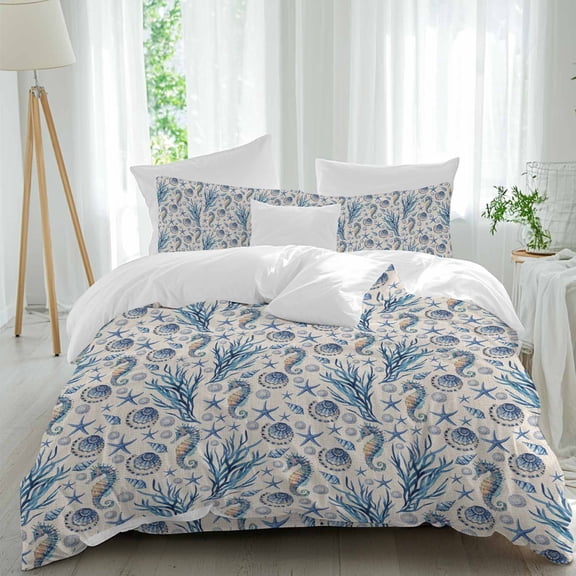 Summer Ocean Queen Size Comforter Set, Seahorse Shell Starfish Linen Background Bedding for All Seasons, 4 Pcs Bed Set, 1Quiltcover (90"x92") ,1Sheet(94"x116"), 2Pillowcases (30"x20")