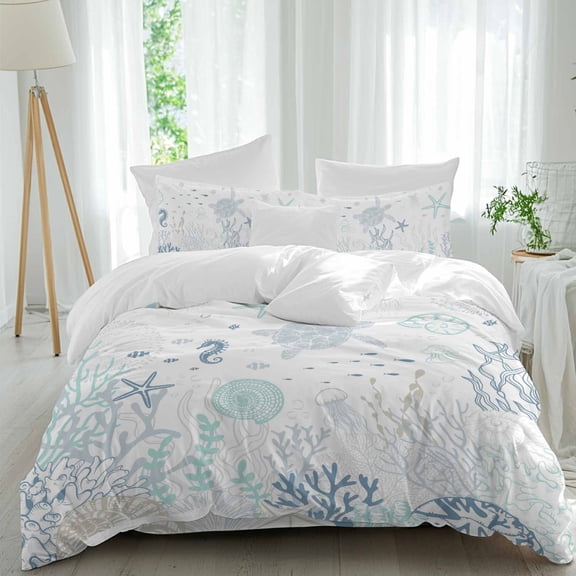 Summer Ocean Queen Size Comforter Set, Teal Grey Shell Coral Turtle Starfish Marine Life Bedding for All Seasons, 4 Pcs Bed Set, 1Quiltcover (90"x92") ,1Sheet(94"x116"), 2Pillowcases (30"x20")