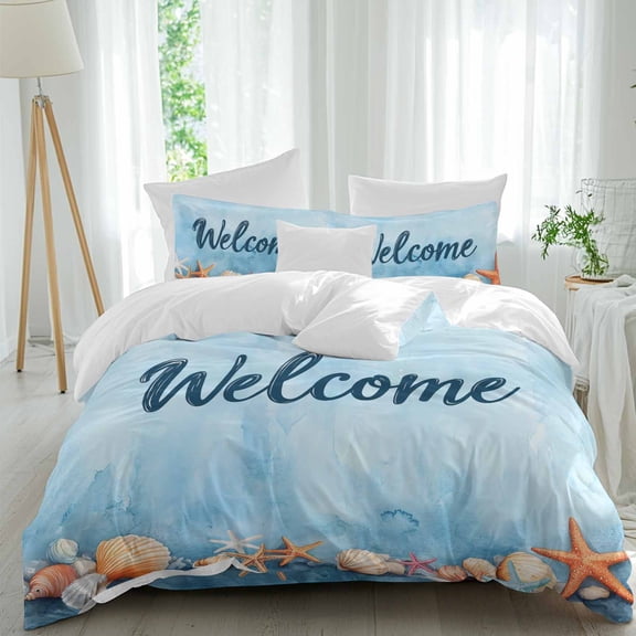 Summer Ocean Queen Size Comforter Set, Watercolor Starfish Shell Welcome Text Bedding for All Seasons, 4 Pcs Bed Set, 1Quiltcover (90"x92") ,1Sheet(94"x116"), 2Pillowcases (30"x20")