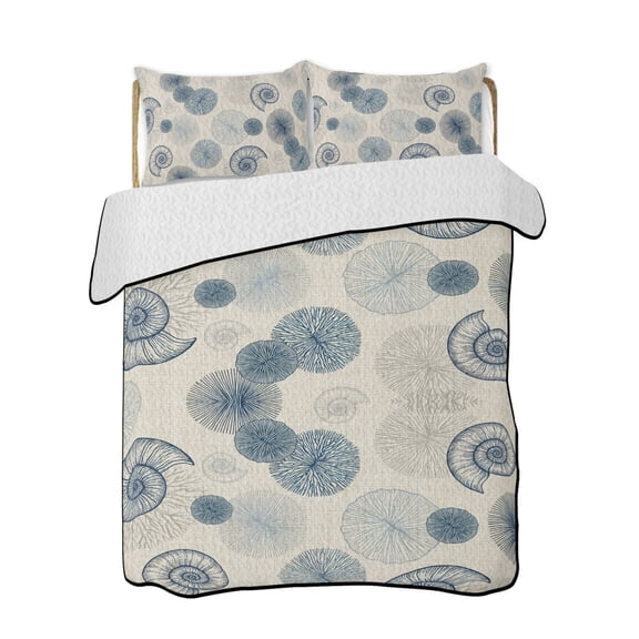 Summer Ocean Quilts Bedding Set California King Retro Blue Seashells Conch Coral Linen Texture Lightweight Quilted Bedspread 3 Piece Bed Quilt with 2 Pillow Shams All Season for Bedroom 96" x 106"