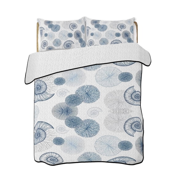Summer Ocean Quilts Bedding Set California King Watercolor Blue Seashells Conch Coral Linen Lightweight Quilted Bedspread 3 Piece Bed Quilt with 2 Pillow Shams All Season for Bedroom 96" x 106"