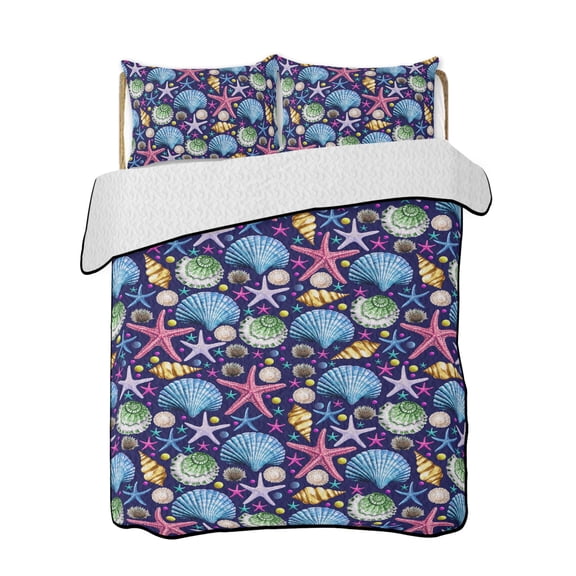 Summer Ocean Quilts Bedding Set King Size Shell Starfish Conch Blue Background Lightweight Quilted Bedspread 3 Piece Bed Quilt with 2 Pillow Shams All Season for Bedroom 90" x 96"