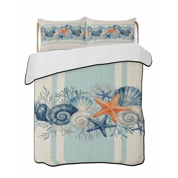 Summer Ocean Quilts Bedding Set Queen Size Coastal Starfish Conch Shell Blue Stripe Linen Lightweight Quilted Bedspread 3 Piece Bed Quilt with 2 Pillow Shams All Season for Bedroom 78" x 90"