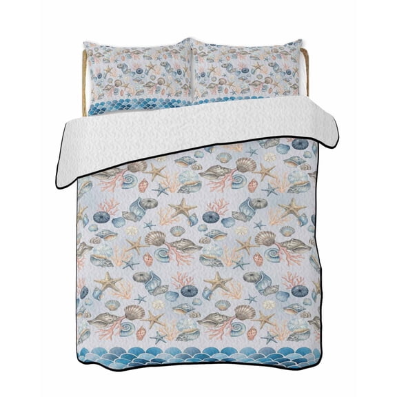 Summer Ocean Quilts Bedding Set Queen Size Coastal Starfish Conch Shell Blue Wave Seascape Lightweight Quilted Bedspread 3 Piece Bed Quilt with 2 Pillow Shams All Season for Bedroom 78" x 90"