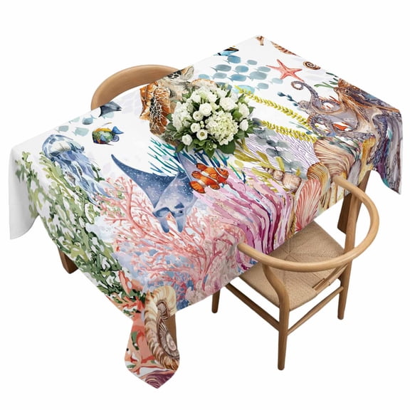 Summer Ocean Rectangle Tablecloth Sea Turtle Coral Fish Seahorse Jellyfish Waterproof Wrinkle Free Soft Table Cloth Spill-Proof Washable Table Cover for Dining Party Picnic 60 x 120 Inch