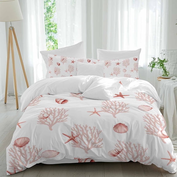 Summer Ocean Red Shell Full Size Comforter Set, Nautical Watercolor Sea Starfish Coral Bedding for All Seasons, 4 Pcs Bed Set, 1Quiltcover (86"x86") ,1Sheet(80"x116"), 2Pillowcases (30"x20")