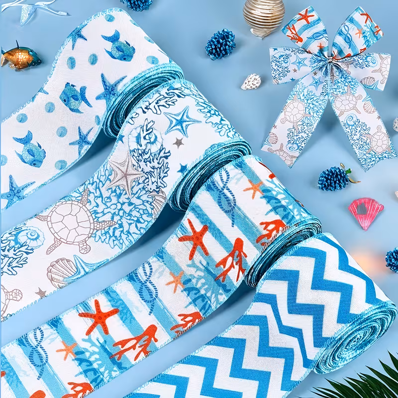 Summer Ocean Ribbon Blue White Coral Coastal Starfish Ribbon for Wreath Bows Gift Wrapping DIY Crafts Beach Party Wedding Wired Edge Ribbons for Home Decoration 4 Rolls 2.5 Inch 5 Yards