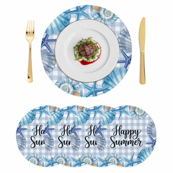 Summer Ocean Round 13 Inch Placemats Set of 4, Blue Coastal Starfish Seashell Conch Plaid HeatResistant Non Slip Place Mats for Dining Table, Wipeable Braided Kitchen Table Mats for Housewarming