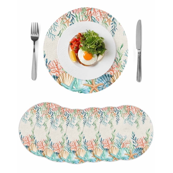 Summer Ocean Round 13 Inch Placemats Set of 6, Watercolor Coastal Coral Shell Seaweed Beige HeatResistant Non Slip Place Mats for Dining Table, Wipeable Braided Kitchen Table Mats for Housewarming