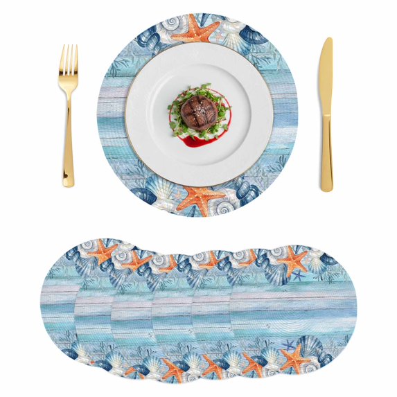 Summer Ocean Round 15 Inch Placemats Set of 6, Coastal Shells Starfish Coral Conch Wooden Blue HeatResistant Non Slip Place Mats for Dining Table, Wipeable Braided Kitchen Table Mats for Housewarming