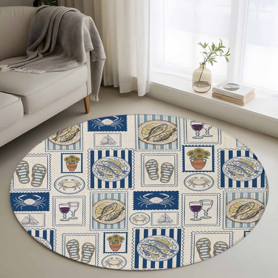 Summer Ocean Round Area Rug 3.3Ft Washable Circle Rugs for Dining Room Table, Nautical Coastal Fish Food Wine Crab Retro Non-Slip Carpet Floor Mats Indoor Outdoor Carpet Runner Aesthetic Home Decor