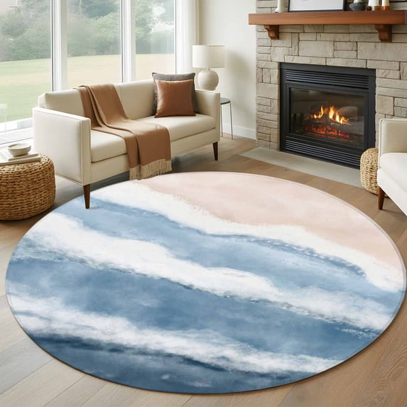 Summer Ocean Round Area Rug 6Ft Washable Circle Rugs for Bathroom Office, Coastal Sea Waves Beach Ombre Blue Non-Slip Carpet Floor Mats Indoor Outdoor Carpet Runner Aesthetic Home Decor