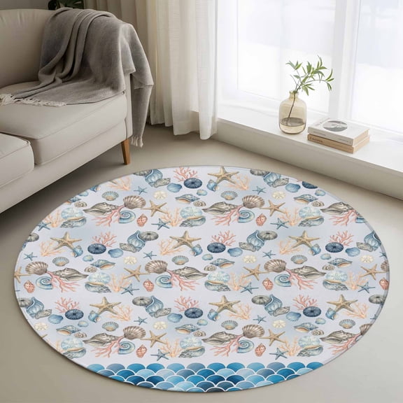 Summer Ocean Round Area Rugs 3 ft, Coastal Starfish Conch Shell Blue Wave Seascape Washable Small Area Rug with Non-Slip Sturdy Edge Binding Round Front Door Mat Floor Carpet for Entryway